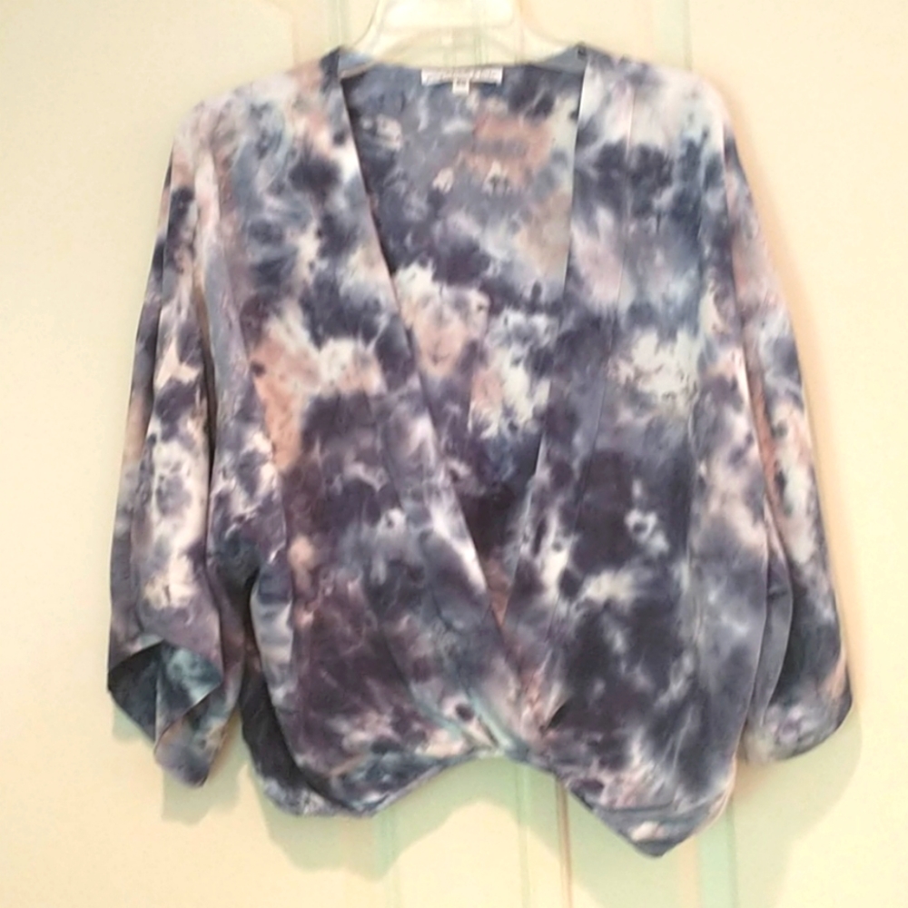 Tie dye blues with pink accent knit top